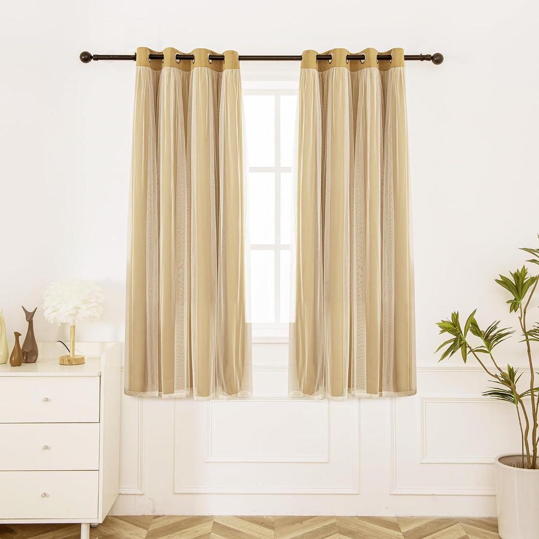 INLINAS Gold Blackout Curtains with Sheer Overlay - Grommet Top Thermal and Noise Reduction Panels for Bedroom and Living Room Light Blocking and Energy Saving, 52 x 72 Inches, Set of 2