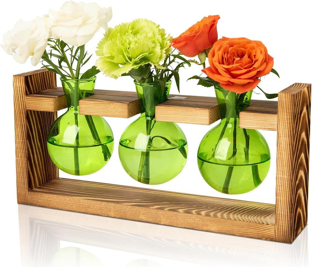 XXXFLOWER 3 Bulb Glass Propagation Station with Wooden Stand, Propagation Vase Propagated Plant Holders Tabletop Planter, Gardening Hydroponics Gift Home Office Indoor Decor (Green)