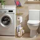 Oasis Creations Toilet Paper Holder Tissue Rack Stand with Magazine Toilet Roll Storage Basket- Freestanding, Gold Metal