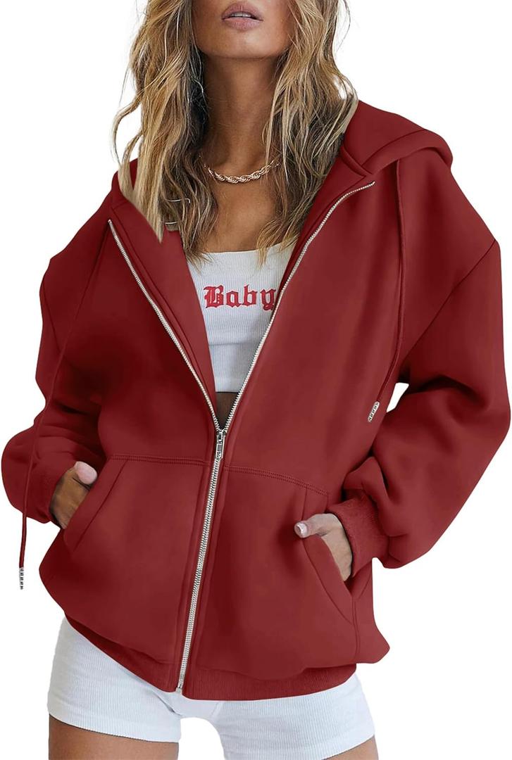 PRETTYGARDEN Women's 2025 Zip Up Y2K Hoodies Casual Long Sleeve Sweatshirts Fall Spring Track Jackets with Pockets (X-Large, Brown Red)
