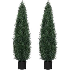 Artificial Cedar Topiary Trees for Outdoors, 4FT UV Resistant Faux Potted Cypress Plants, Set of 2 Realistic Fake Potted Topiary Plants for Home Porch, Garden, and Entryway Decor