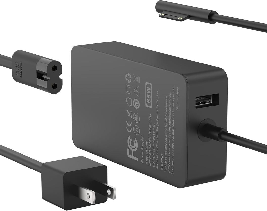 65W Surface Pro Laptop Charger for Microsoft Surface Pro 10, 9, 8, 7+, 7, 6, 5, 4, 3, X, Windows Surface Laptop 6, 5, 4, 3, 2, 1, Surface Go Tablet, Surface Book 3, 2, 1, Support 44W, 36W, LED, 10FT (Black)