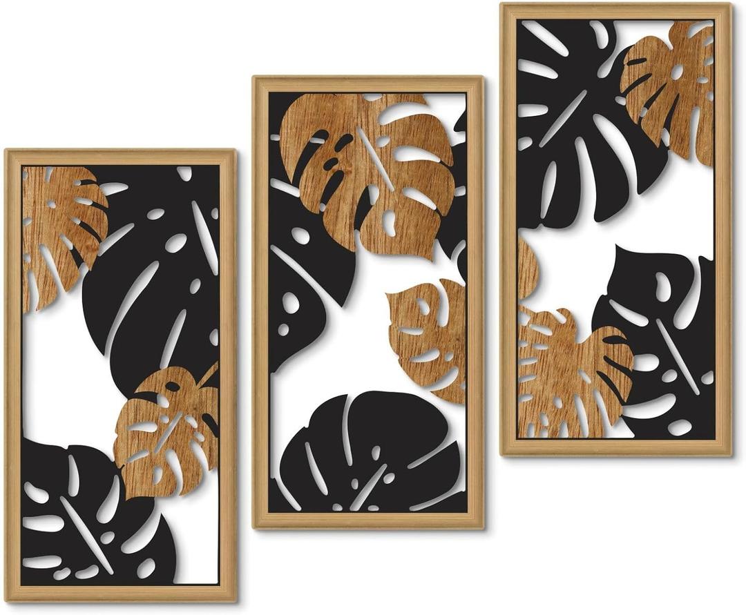 Putuo Decor Monstera Leaf Wall Art Set of 3, Tropical Plant Cut-Out Panels in Black and Wood Grain, Modern Botanical MDF Wall Decor for Living Room Bedroom Office (Brown) Putuo Decor Monstera Leaf Wall Art Set of 3, Tropical Plant Cut-Out Panels in Black and Wood Grain, Modern Botanical MDF Wall Decor for Living Room Bedroom Office (Brown)