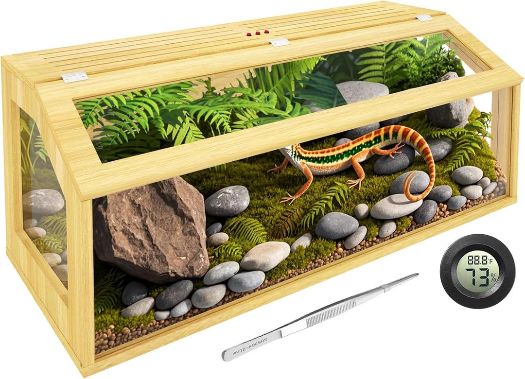 75 Gallon Reptile Tank, Wooden Bearded Dragon Terrarium Tank with Top Ventilation, Large Reptile Enclosure for Snake, Lizard, and Leopard Gecko, Includes Feeding Tongs, 48" L x 20" W x 20" H