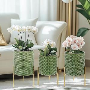 Growsun Plant Pots with Stands, Set of 3 - Indoor Flower Pots with Drain Holes & Rubber Stoppers, Includes Clear Plastic Nursery Pots - Stylish Modern Home Decor for Living Room, Office, and Balcony, Honeycomb, Green