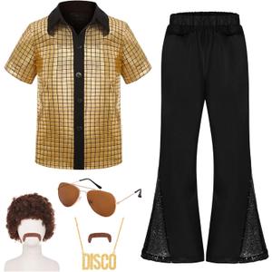 Kids Disco Costume Sequins Shirts for Boys 6PCS Kids 60s 70s Disco Costume for Halloween Party Dress Up (5-7 Years, Gold)