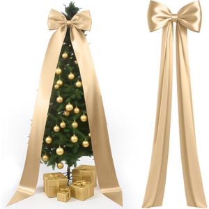 118x28 Inch Extra Large Christmas Tree Topper Bow Christmas Giant Satin Bow Decoration with Long Streamers Huge Oversized Topper Decor for Xmas Tree Holiday Party Door Wall(Champagne,Satin)