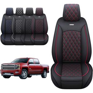 Aierxuan Chevy Chevrolet Silverado GMC Sierra Front Seat Covers Pickup Custom Fit 2007-2025 1500 2500HD 3500HD Crew Double Extended Cab Waterproof Leather Protectors (2 PCS Front, Black-Red)