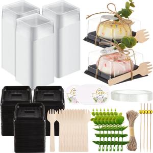 Honeydak Clear Cake Containers with Lids Wedding Cake Pans Cupcake Container Muffins Box Cocktail Picks Appetizer Thanks Tags Eucalyptus Leaves for Wedding Birthday Dessert Display(Black,100 Sets)