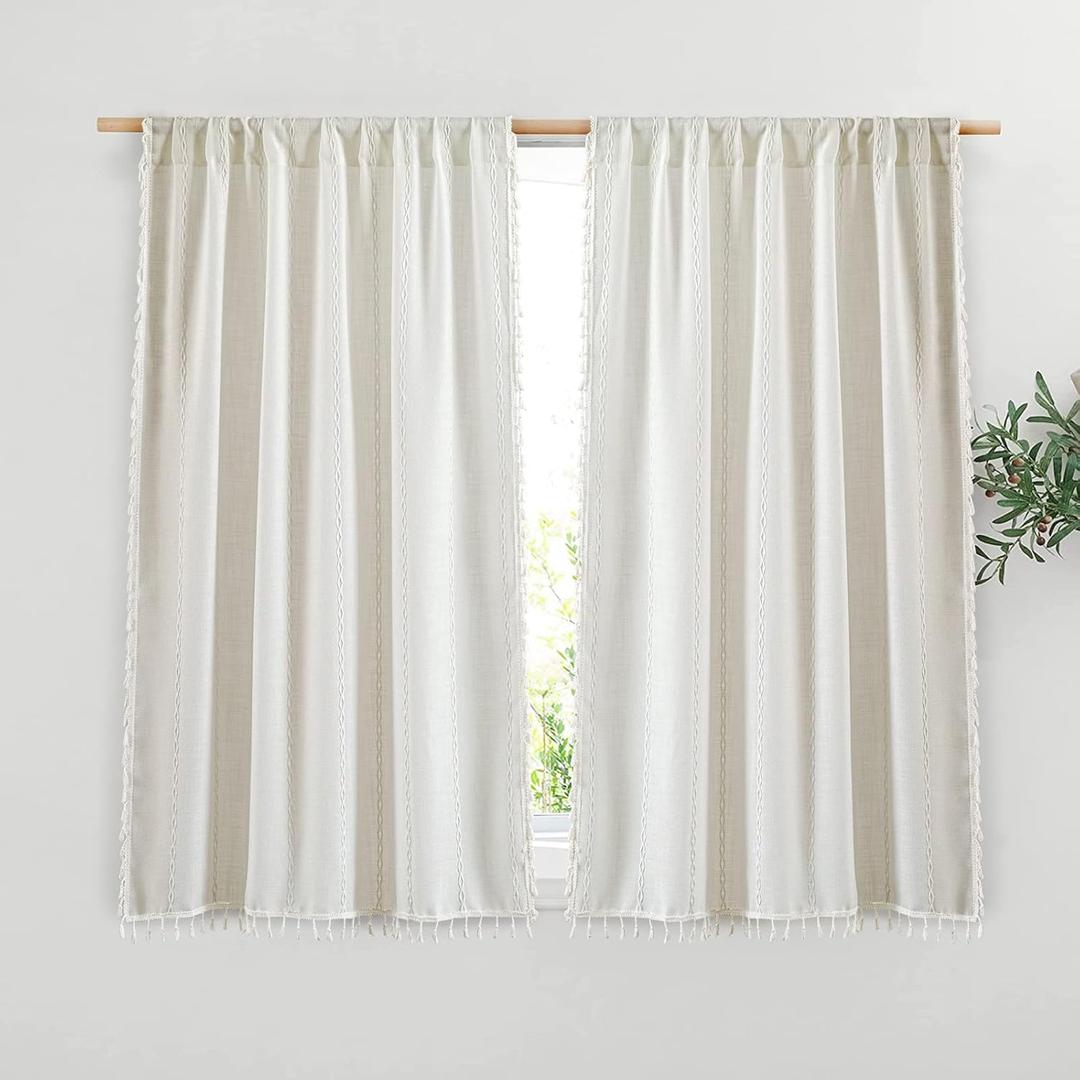 RoomTalks White Boho Farmhouse Kitchen Curtains 54 Inch Length French Striped Modern Vintage Chic Textured Tassel Charcoal Short Cafe Curtains for Small Window Kitchen Bathroom Decor