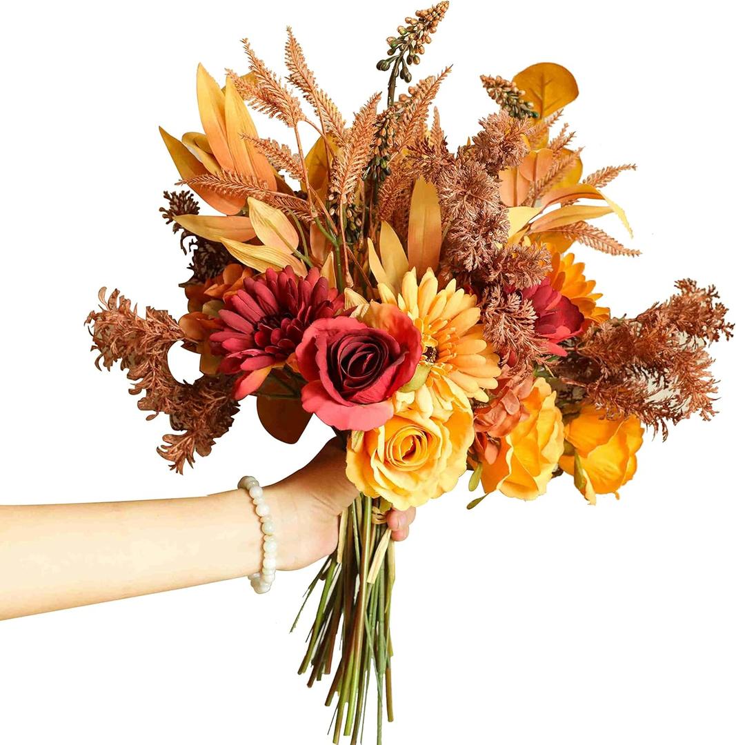 2pcs Boho Style Artificial Flower Bouquets,17 Inch Bohemian Style Fall Flower Wedding Bouquets for Bridal Bridesmaid,Rustic Home Dcor Centerpiece(Orange Color Scheme) (2pcs in Pack)