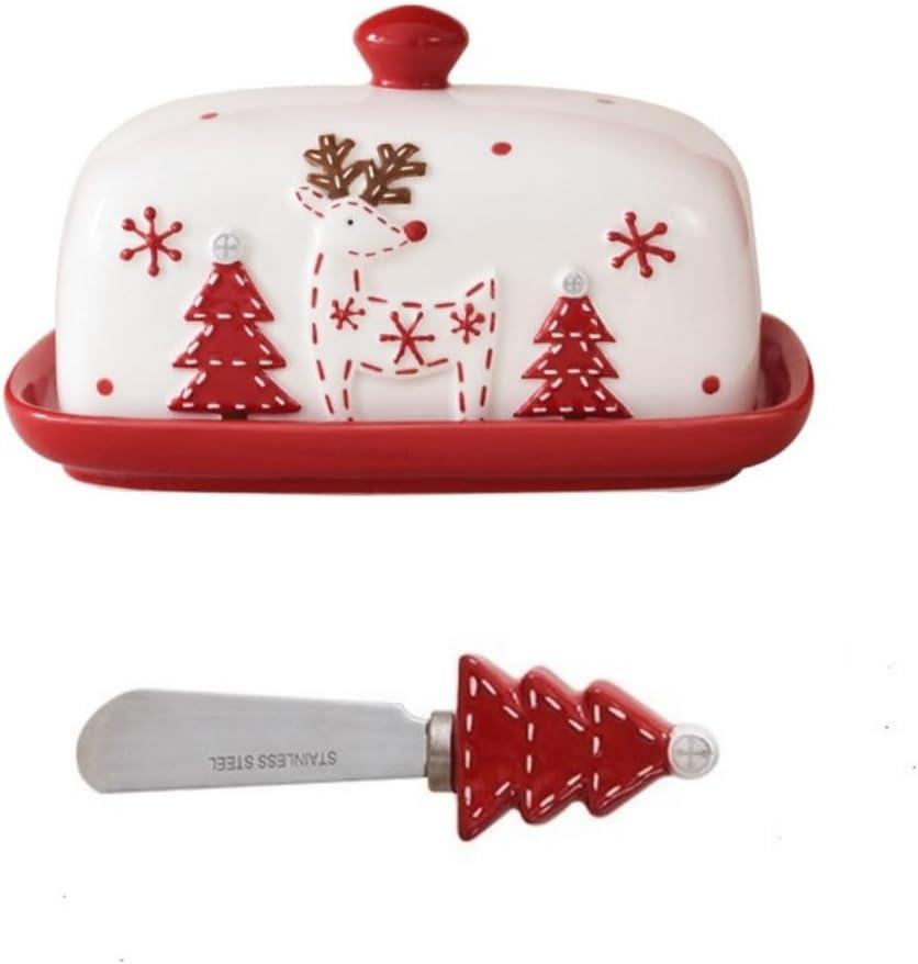 Applicable to Christmas Gifts, Butter Plates, Butter Knives, Western Food Dishes, Dim Sum Biscuits, Dessert Dishes With Covers, Nordic Style (Red, A Set), 7.5"L x 5"W x 4.2"H