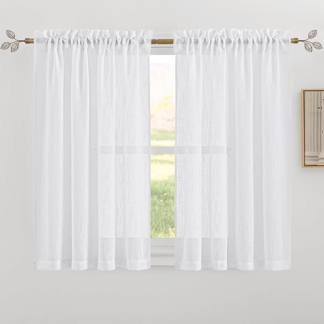 RYB HOME White Linen Curtains for Living Room Bathroom Kitchen, Rod Pocket Semi Translucent Breathable Home Decor Short Small Window Drapes, W 34 x L 45 inches, White, 2 Panels