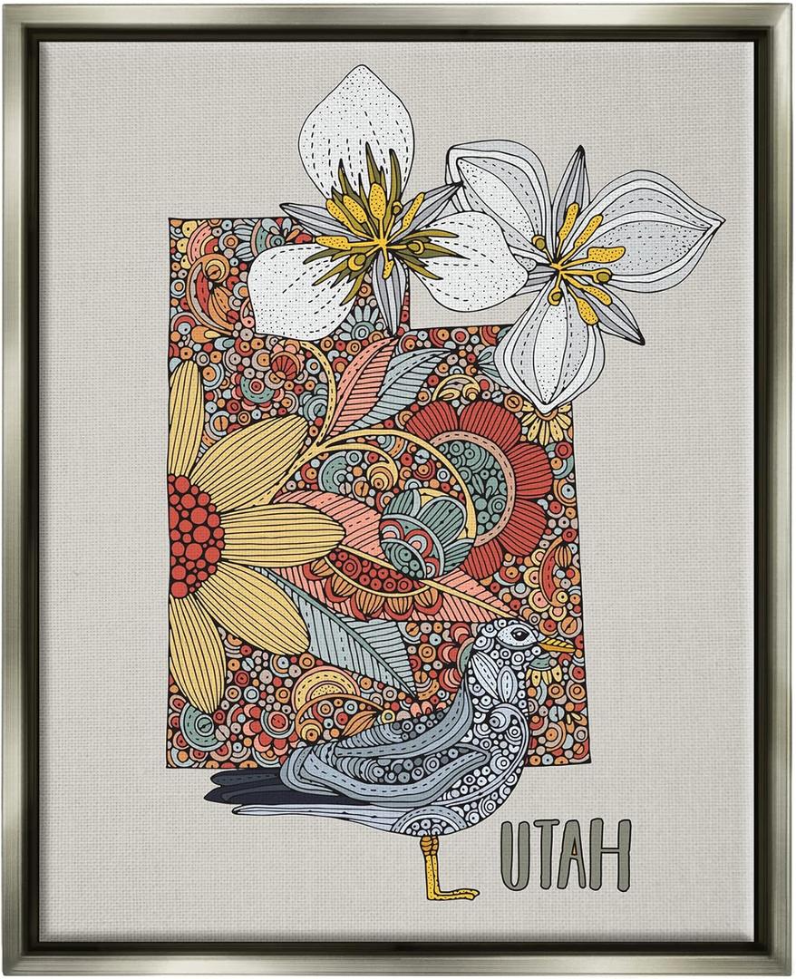 Stupell Industries Utah State Bird & Flower Intricate Floral Pattern Floating Framed Wall Art, Design by Valentina Harper (17L" x 1.7W", Grey Floater Framed)