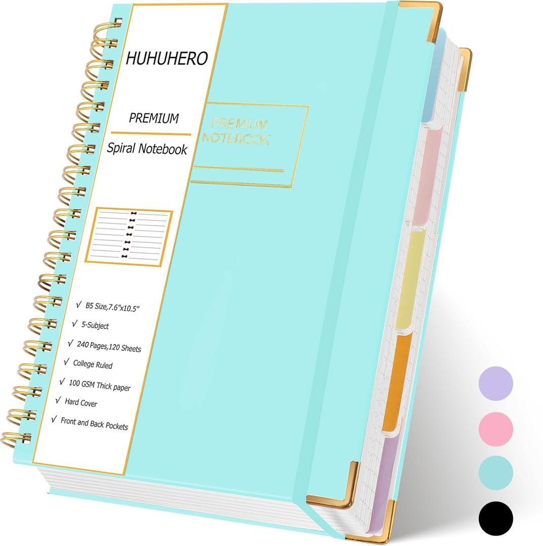 Huhuhero Lined Spiral Notebook Journal, 5 Subject Notebook with Dividers, 7.6" x 10.5", 240 Pages Hardcover Journals for Women Men Writing Work Note Taking, Office School Supplies (Green) (7.6x10.5, Mint Green)