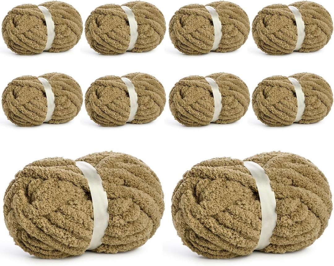 10 Pack Jumbo Chenille Yarn for Crocheting, #10 Super Bulky Baby Soft Yarn for Hand Knitting, 220 yds /70.5 oz Fluffy Chunky Knit Throw Blanket Yarn (Khaki)