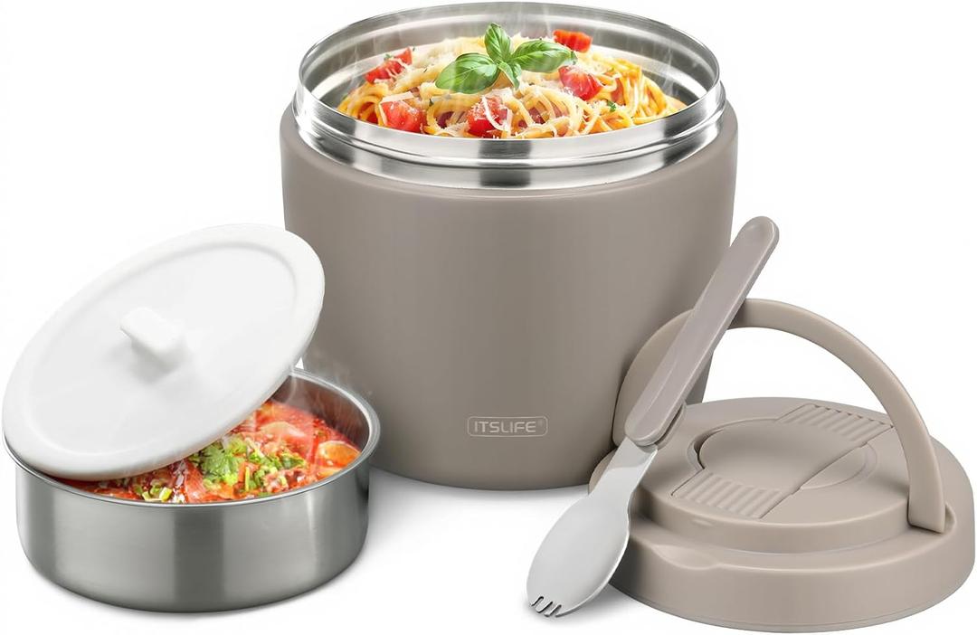 Soup Thermo for Hot Food Insulated Food Jar 32oz, Vacuum Insulated Stainless Steel Lunch Container - Wide Mouth Thermo for Soup & Food, Leakproof Bento Box with Spoon(Khaki)