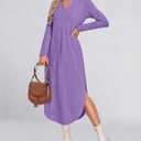 MISFAY Fall Dresses for Women 2026 Casual V Neck Long Sleeve Split Maxi Dress Loose Shirt Dress Solid Outfits with Pockets (M)