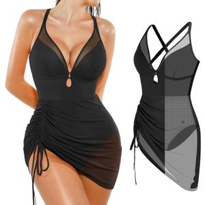 Popilush Swim Dress for Women One Piece Swimsuits Tummy Control Slimming Mesh Sheer Sarong Wraps Bathing Suits (S)