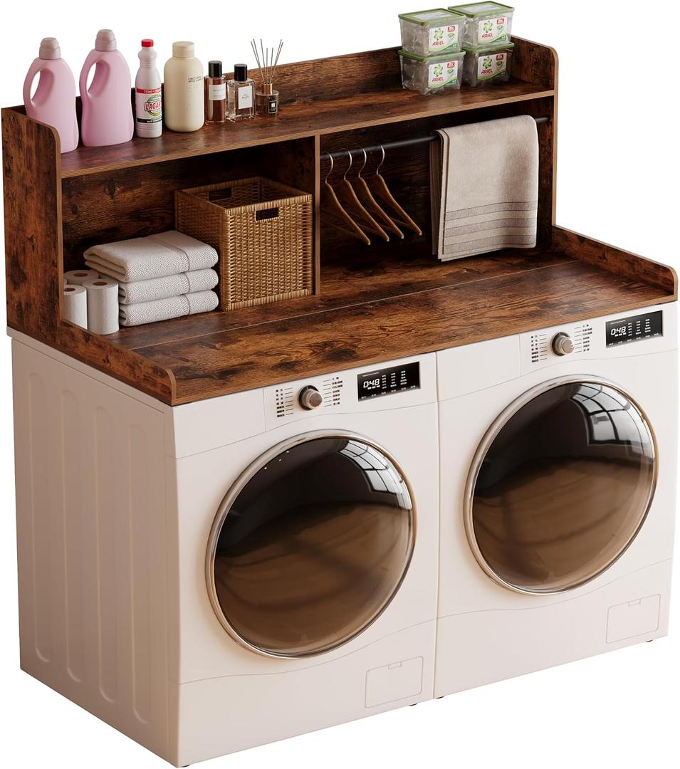 Unionly 2-Tier Washer Dryer Countertop with Clothes RailLaundry Topper with Edge and Non-Slip Pad for Washer and Dryer Laundry Hamper Counter Storage Organization (Rustic Brown, Full)
