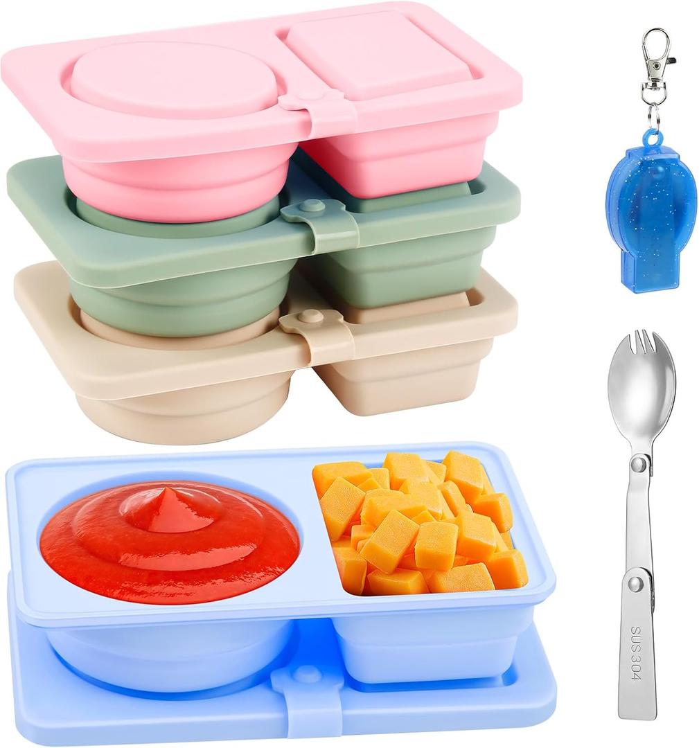 4 Pack Silicone Reusable Snack Containers with Lids, Double Compartment Snack Containers with Foldable Fork, Small Size for Sauce Containers, Travel, School, Office & Picnic