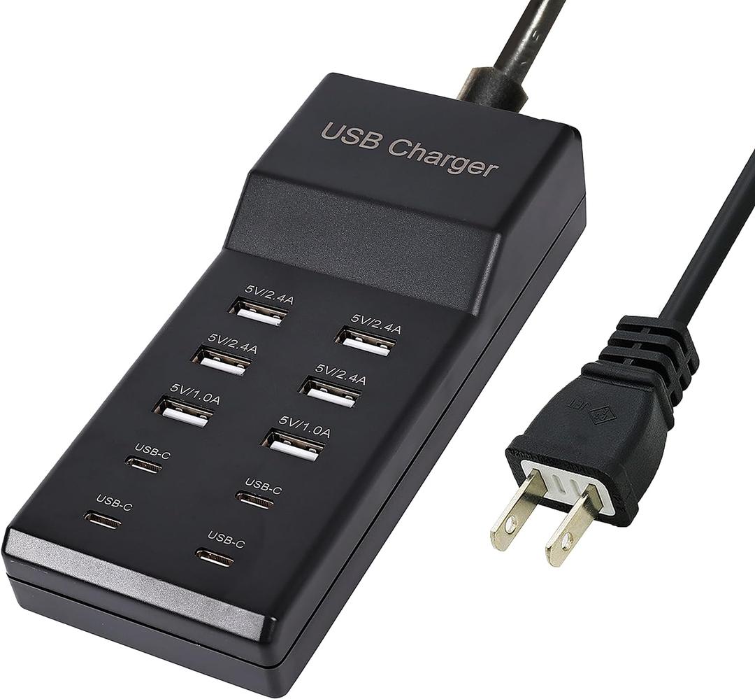 USB Charger,50W USB Charging Station with 10-Port (6 USB-A Port & 4 USB-C Port) Compatible with iPhone 15/14/13/12/11/X/8/7/6 Phones, Watch,Tablets, Smartphones Black