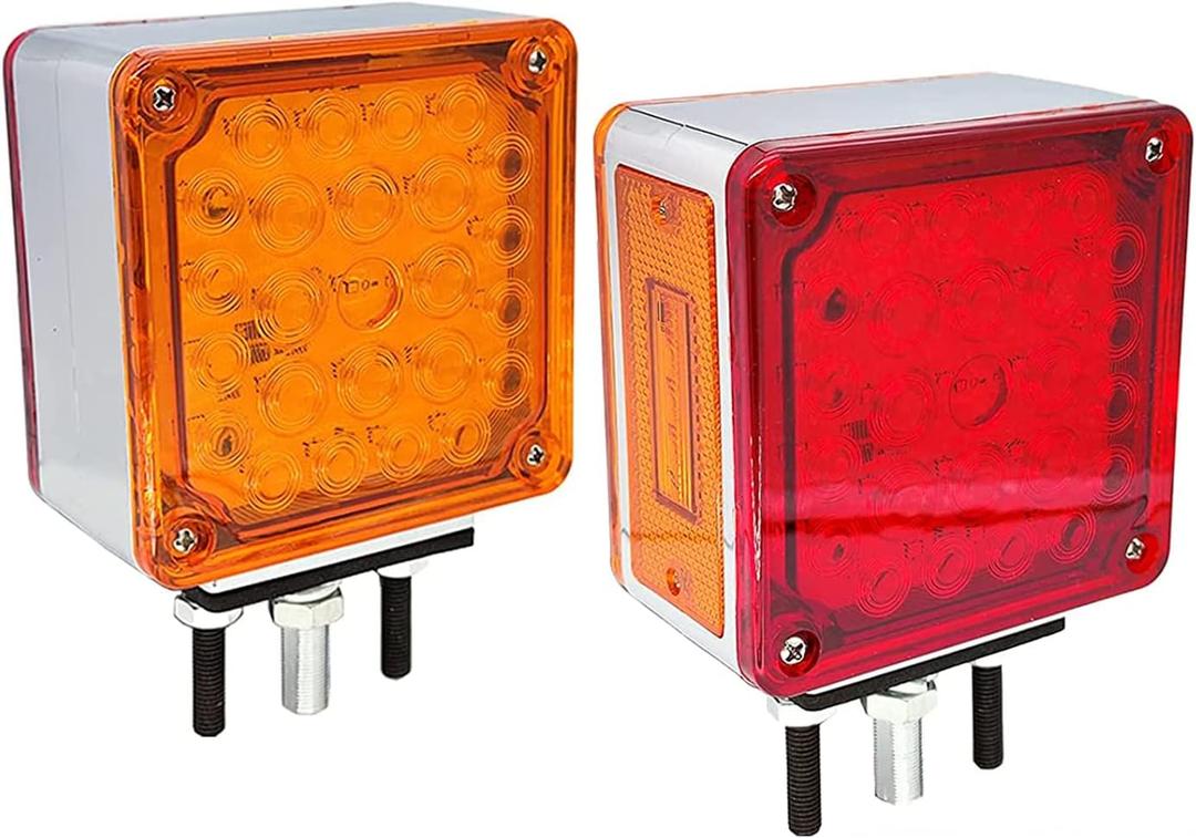 2 PCS Amber/Red Double-Face Pedestal Fender Light with Stud Mount, Square 52 LED Stop Turn Tail Signal Trailer Light for Semi Trucks Peterbilt Kenworth Freightliner Towing Dual-Face Orange Waterproof