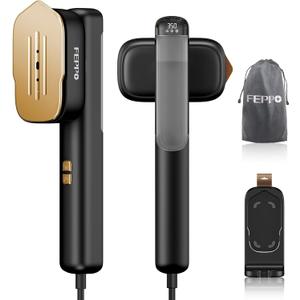 FEPPO Travel Steamer for Clothes, 110-240V Dual Voltage Portable Steamer & Iron 2 in 1, Fast Heat Up, 1100W Powerful Garment Steamer, Large Ceramic Heat Panel for Home & Global & Europe Traveling (Black-Gold)