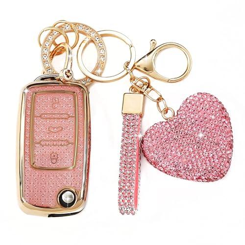 Simocky for VW Key Fob Cover with Heart Keychain, Car Key Shell for Women, Compatible with Volkswagen Jetta Golf Polo MK6 Passat Tiguan Beetle Smart Remote Key Protector (3 Buttons-Pink)