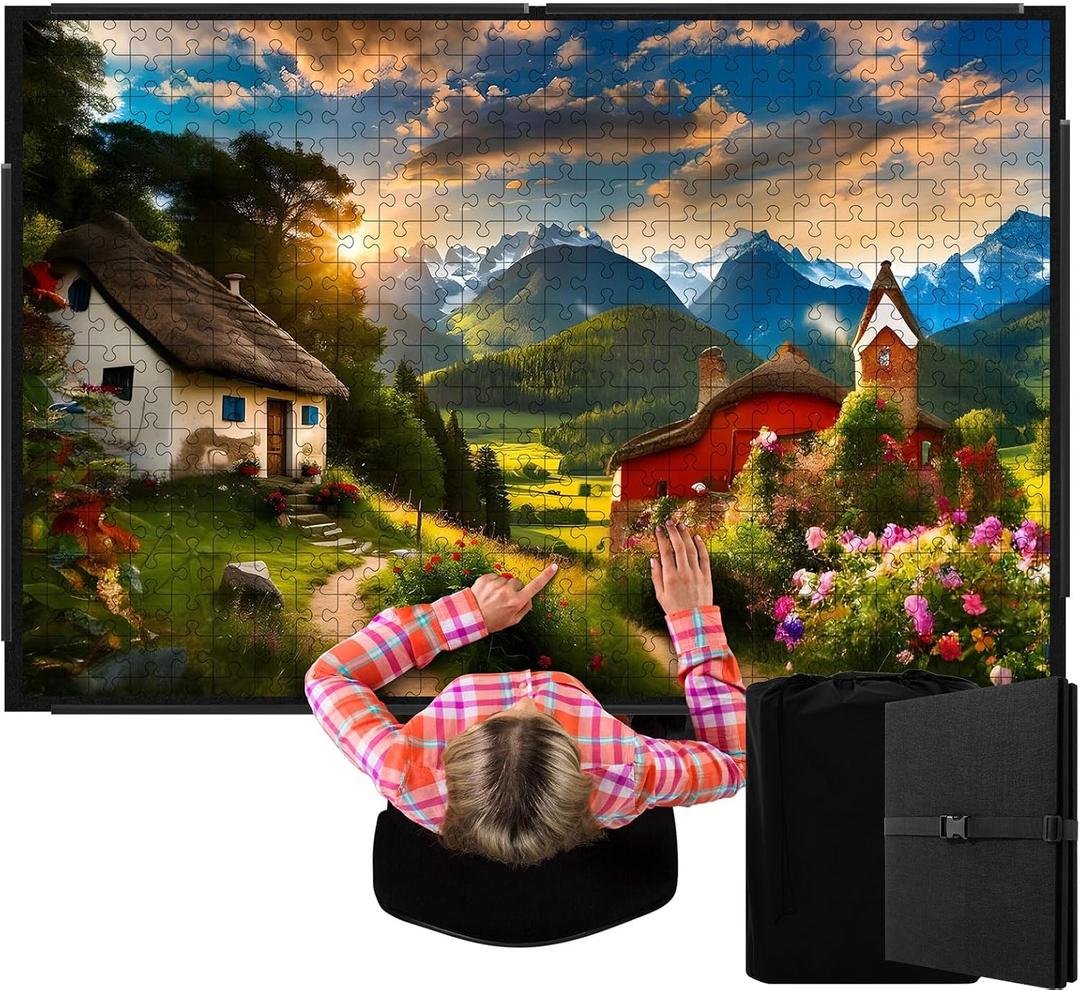 Fanfanwin 3000 Pieces Folding Felt Jigsaw Puzzle Foldable Board Mat with Non Slip Surface Puzzle Mat 55" x 37" Extra Large Portable Jigsaw Board with Storage Bag for Adults Tray(Black)
