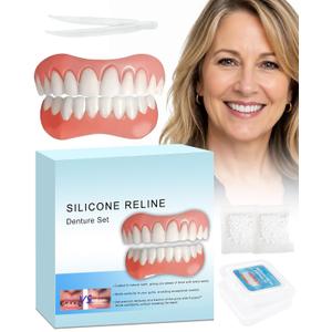 Moldable Silicone Dentures for Women & Men, Natural Cosmetic False Teeth Veneers, Upper & Lower Temporary CustomFit Denture Set, Quick Easy Wear for Daily & Party Occasions