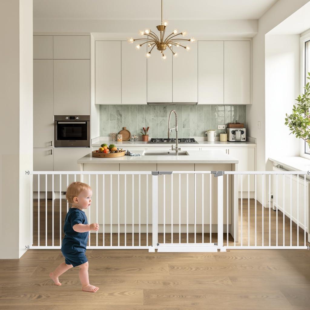 60.5"-113" Wide Baby Gate Extra Long, Large Dog Gate Indoor, Child Proof Gate, Kiddie Gates, Baby Gate for Doorways. White, Dog Gates for The House. Extra Tall Pet Gate.
