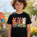 Boys Easter Shirt Toddler Bunny Rabbit & Egg Hunt Graphic T-Shirts Kids Happy Easter Lettering Tops 2026 (140) (Black)