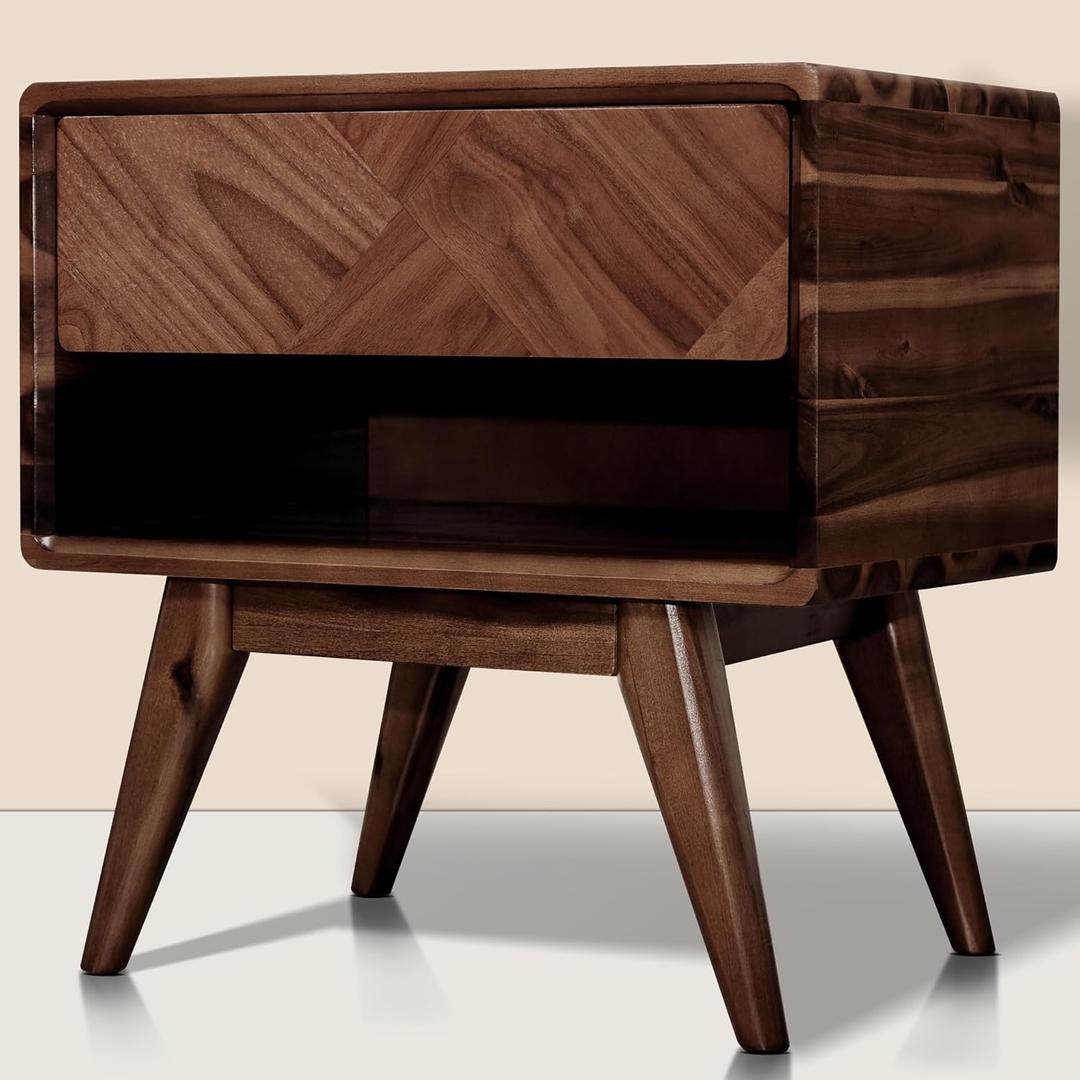Laden Solid Acacia Wood Nightstand with Storage Drawer, Mid-Century Modern Art Deco Design, End Table for Bedroom & Living Room, Scratch & Water-Resistant, Easy Assembly, Walnut