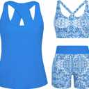 HUSKARY 3 Piece Tankini Swimsuits for Women Swim Tank Top with Bra and High Waist Boy Shorts with Pockets (Blue, XL)