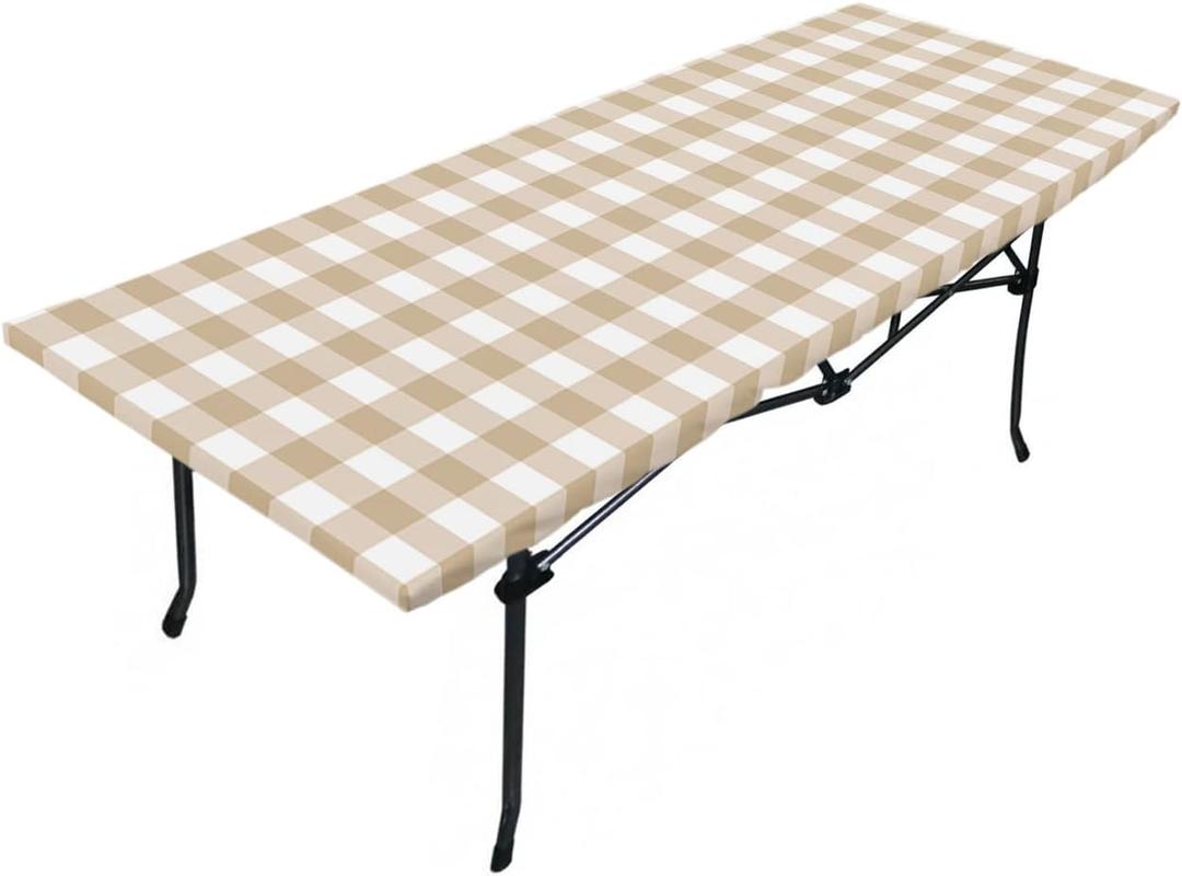 Beige Checkered Fitted Table Covers for 8 Foot Tables, Farmhouse White Buffalo Plaid Elastic Table Cover Rectangle 32"x96" Waterproof Tablecloth, Patio Table Cloth for Indoor Outdoor Picnic Party (Checkerboard11sdy6252)