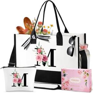 TRSODD Birthday Gifts for Women Mothers Day Gifts for Mom Wife Grandma Daughter Sister Teacher Appreciation Gifts Initial Tote Bag with Adjustable Shoulder Strap and Makeup Bag M