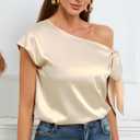 Women's 2024 Off Shoulder Satin Tops Elegant Casual Short Sleeve Asymmetrical Neck Silk Blouses Shirts (Beige, XXL)