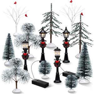14 Pcs Christmas Accessories Village Figurine Miniature Pine Trees Snow Artificial Christmas Trees Bare Branch Tree Street Lamps for Xmas DIY Crafts Winter Room Landscape(Exquisite Style)