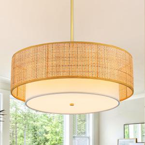 SineRise 18'' Rattan Farmhouse Chandelier, 3-Lights Boho Large Pendant Light Fixture,Hand Woven Chandeliers for Dining Room with Fabric Shade, Hanging Rattan Drum Light Fixtures for Kitchen Hallway, 18 inch Round