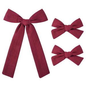 DEEKA Burgundy Cotton Linen Hair Bows 2 Sizes 5"&3.5" Soft Hair Bow set for Toddler Girls Long Ponytail Knot Bows Alligator Clip Hair Accessories for Little School Girls (Burgundy) 3 Pack