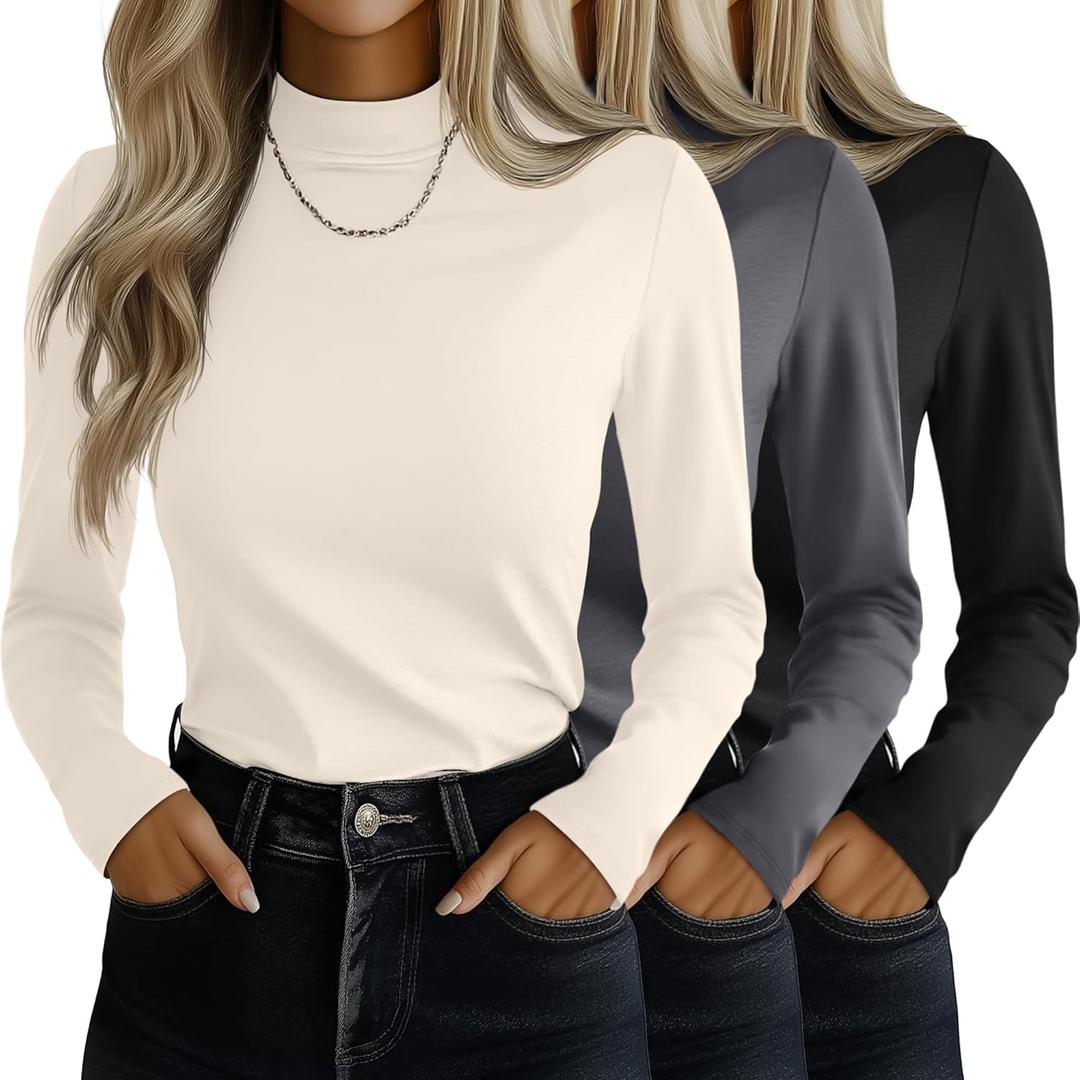 Ficerd 3 Pack Women's Mock Turtleneck Shirts, Long Sleeve Mock Neck Pullover Tops Slim Fitted Stretch Undershirt Tee Blouse (Medium, Black, Gray, Cream)