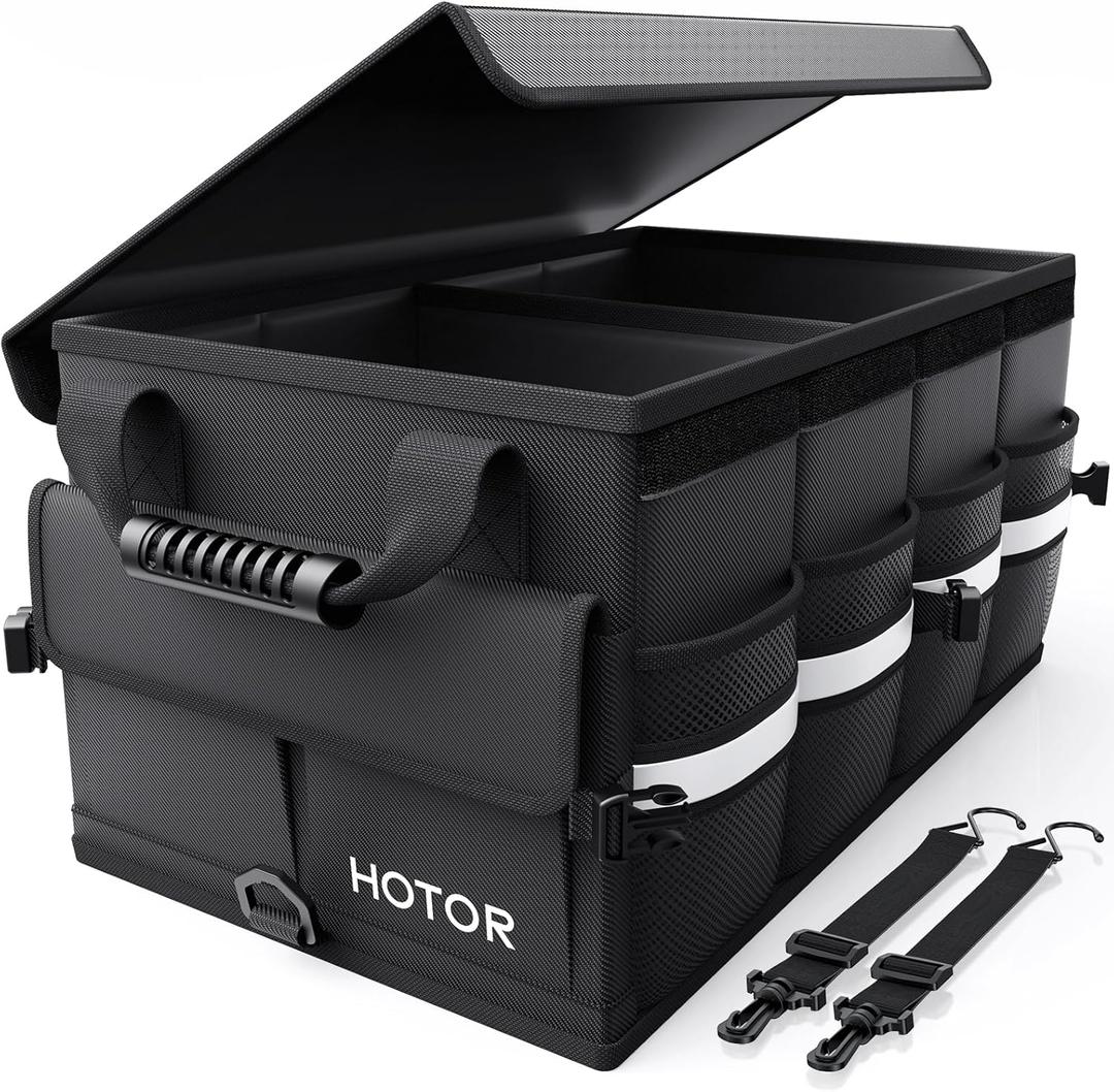 HOTOR Car Trunk Organizer - Foldable Trunk Organizer for SUV, Car Storage with Reflective Strips & Securing Cover, Large Capacity Car Accessories for Truck, Van & Sedan, Black, 22.1" x 12.6" x 11.0"