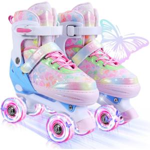 Kids Roller Skates, 4 Size Adjustable Quad Skates with All Light Up Wheels, 10C to 8 Rollerskates for Toddlers, Beginners, Boys, Girls, Outdoor, Indoor, Pink, Small