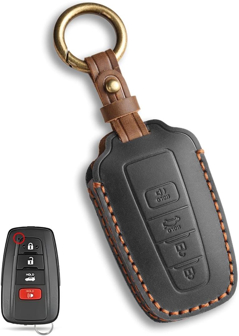 for Toyota Key Fob Cover Genuine Leather Key Case Shell Compatible with 4Runner Highlander Camry RAV4 C-HR (Black, 4 Buttons)