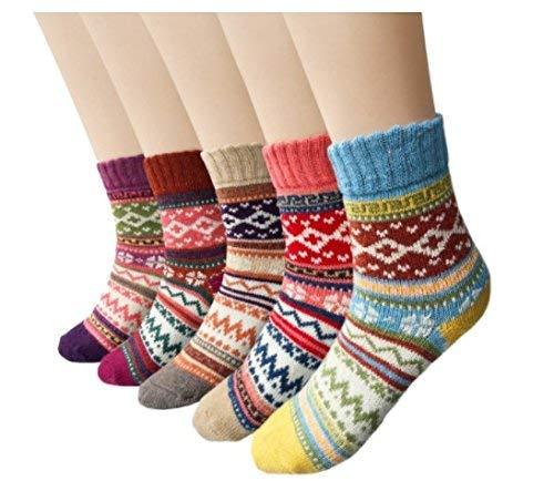 Women's 5 Pairs Vintage Style Winter Knitting Warm Wool Crew Socks, A-Wave, Free Size Multi Color