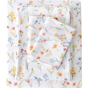 Viviland Floral King Sheet Set - 4 Piece Vintage Botanical Flower and Leaves Patterned Bed Sheets - Soft, Breathable Microfiber Sheets with Deep Pocket, Non-Slip Fitted Sheets & Pillowcases