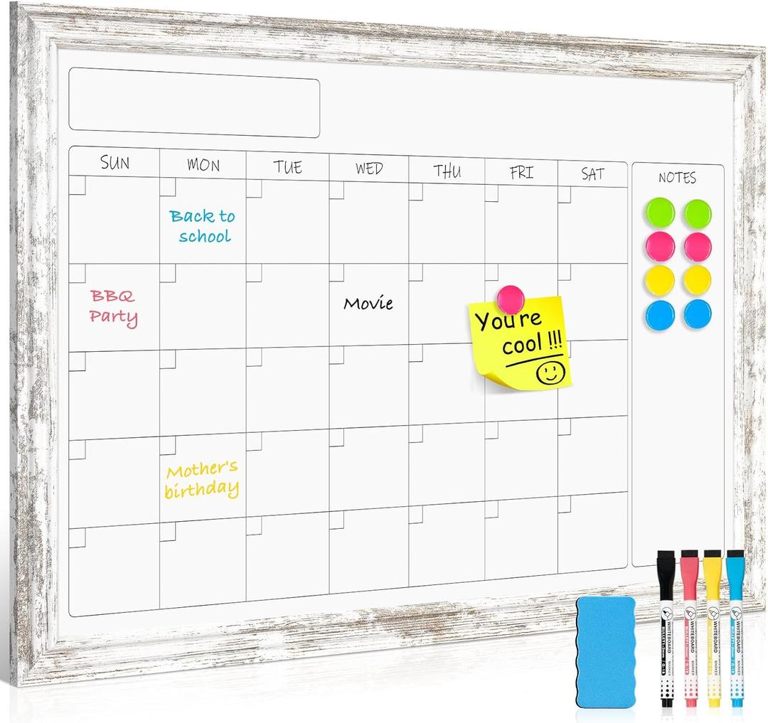 Monthly Dry Erase Calendar Whiteboard for Wall, 36" x 24" Magnetic White Board Calendar Board - Rustic Vintage Wooden Frame