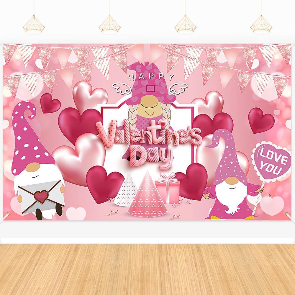  Valentines Day Photography Backdrop, Happy Valentines Day Banner Backdrop, Red Pink Love Hearts and Gnomes Design Party Supplies, for Valentines Day Party Decorations(6x3.6ft)