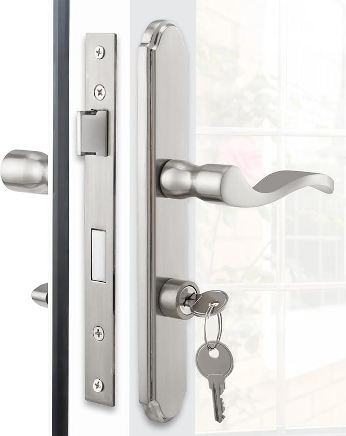 MaxxGeek Flat Slot Storm Door Handle Complete Set, Mortise Keyed Lever Mount Latch with Deadbolt for Screen and Storm Doors (Brushed Nickel)